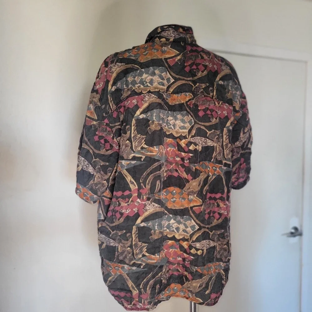 Pure Mens XL 100% Silk Button Down Shirt Abstract Geometric Print‎ Short Sleeve